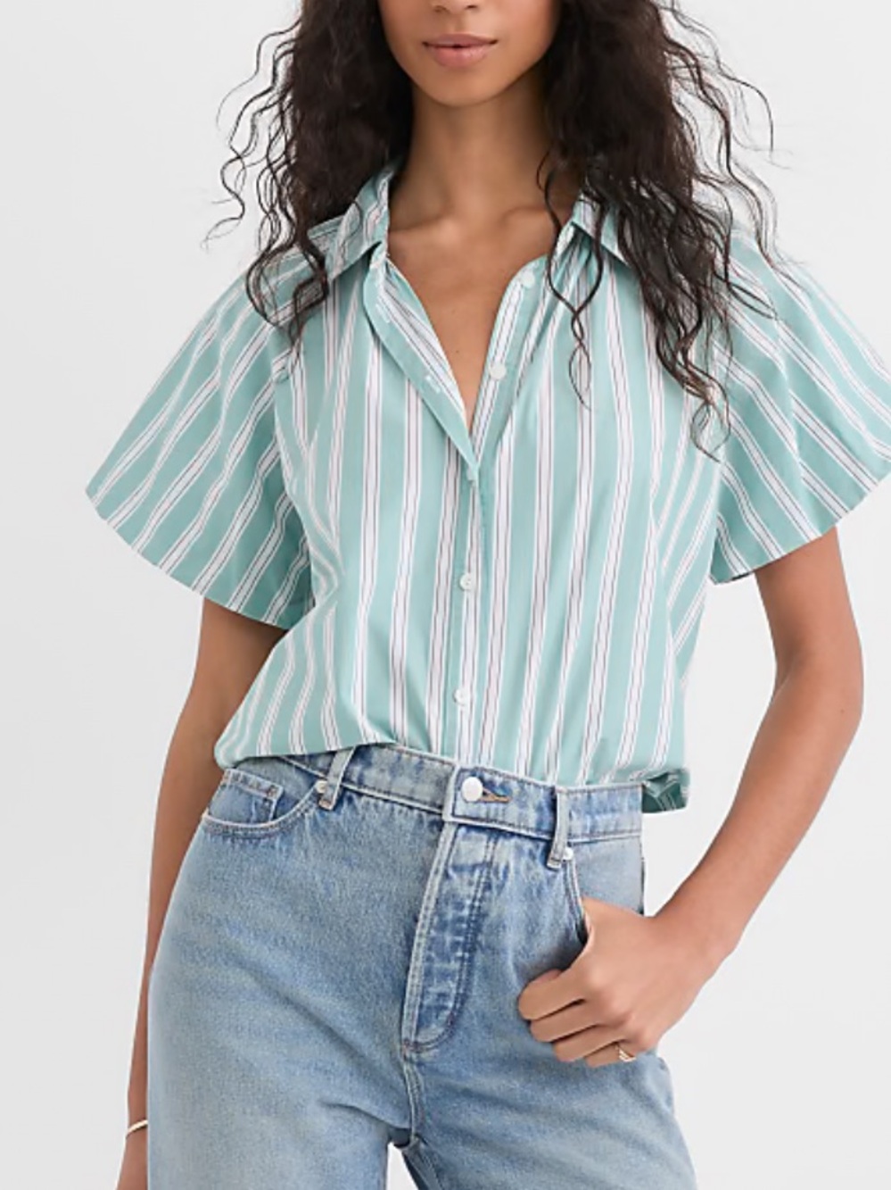 LOFT Striped Poplin Bubble Short-Sleeve Button-Up Shirt in Green Multi Size M